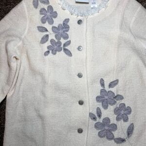 Alfred Dunner Cream Wool Button Up  Cardigan Gray Floral Pearls Fringe LG